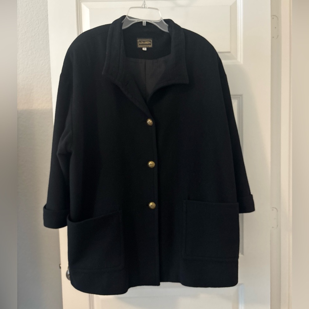 VTG Louben SZ 14 Black Peacoat Brass Like Buttons Wool Cashmere Blend oversized